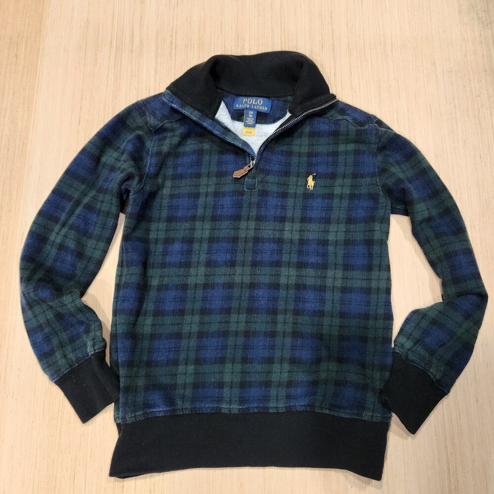 Polo Ralph Lauren Boys S/P 8 Plaid Quarter Zip Pullover Fleece Navy Green Black